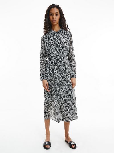 Calvin Klein Ruhák HU968007 | Calvin Klein Chiffon Printed Női Ruha Fekete / Fehér